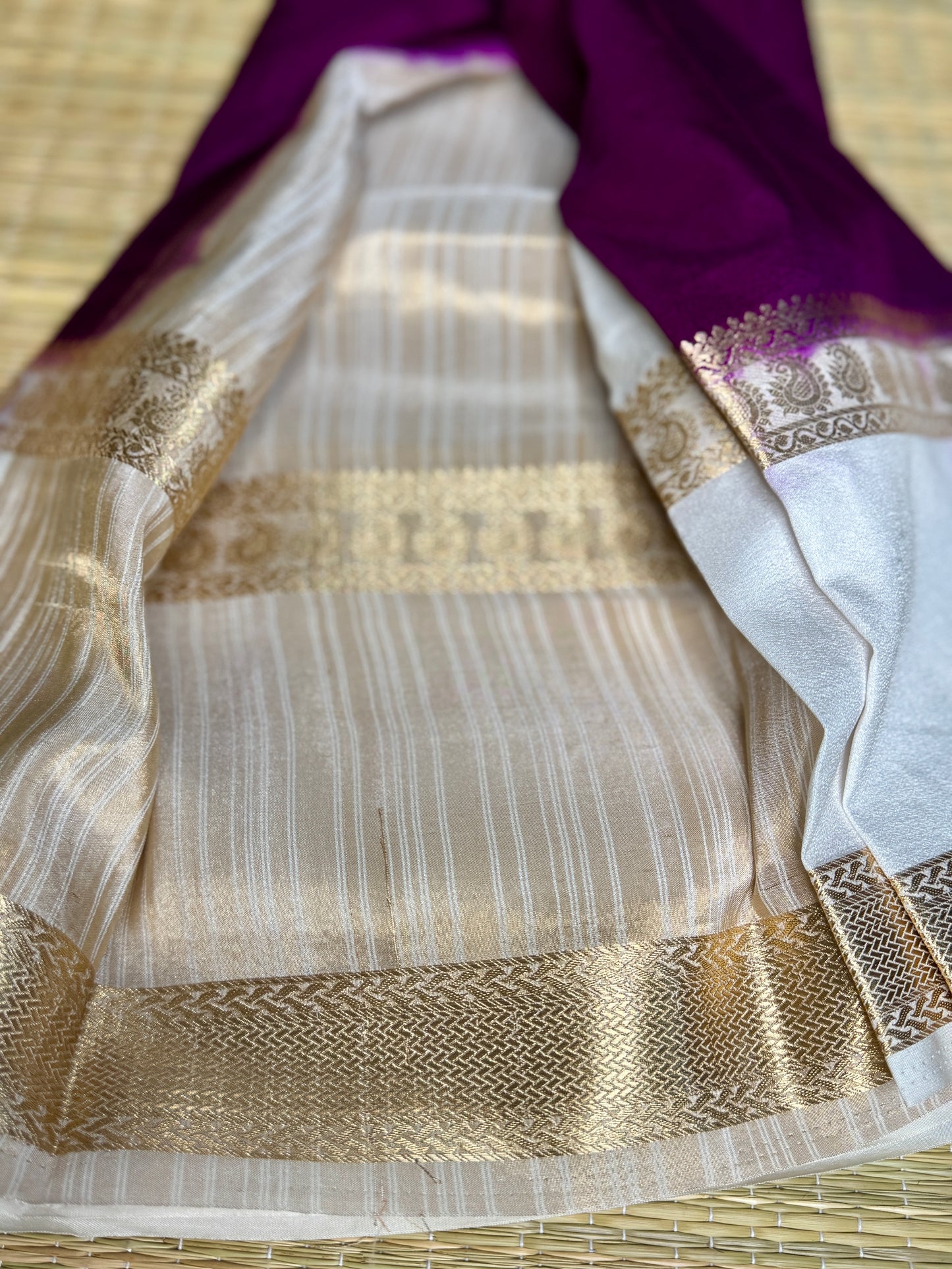Magenta Semi Mysore silk crepe with Soft Cream Bentex border