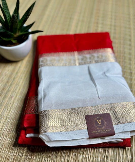 Red Semi Mysore silk crepe with Soft Cream Bentex border