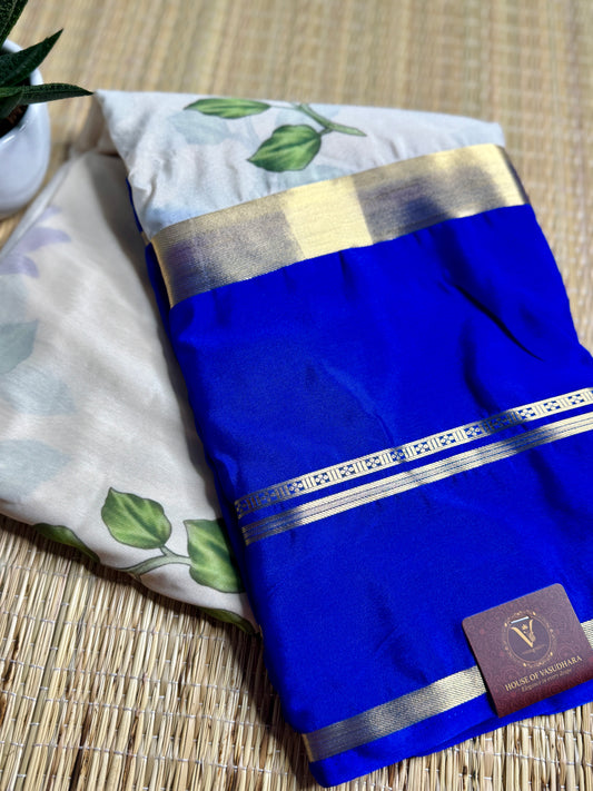 Royal Blue & White 2D Kalamkari Mysore silk crepe