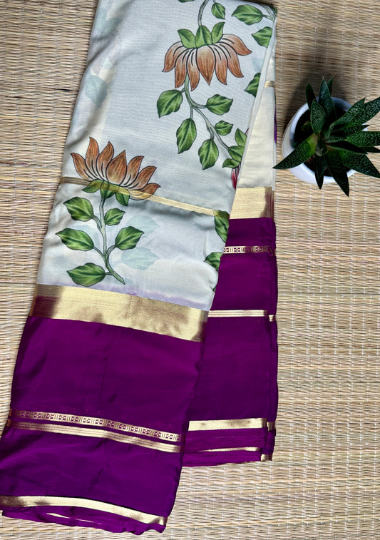 Magenta & White 2D Kalamkari Mysore silk crepe