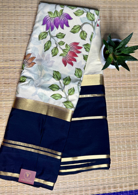 Black & White 2D Kalamkari Mysore silk crepe