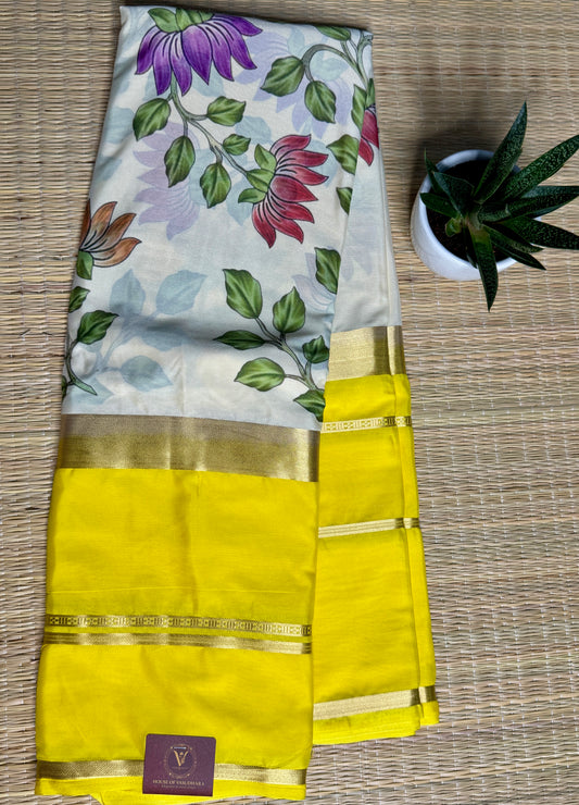 Yellow & White 2D Kalamkari Mysore silk crepe