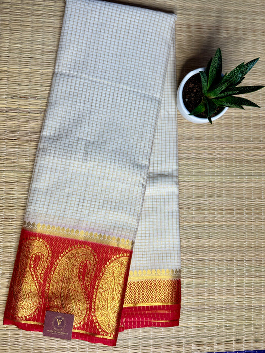 White Checked Mysore silk crepe Saree with Contrast Border