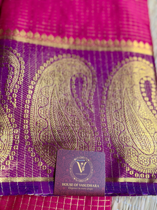 Rani Pink Checked Mysore silk crepe Saree with Contrast Border