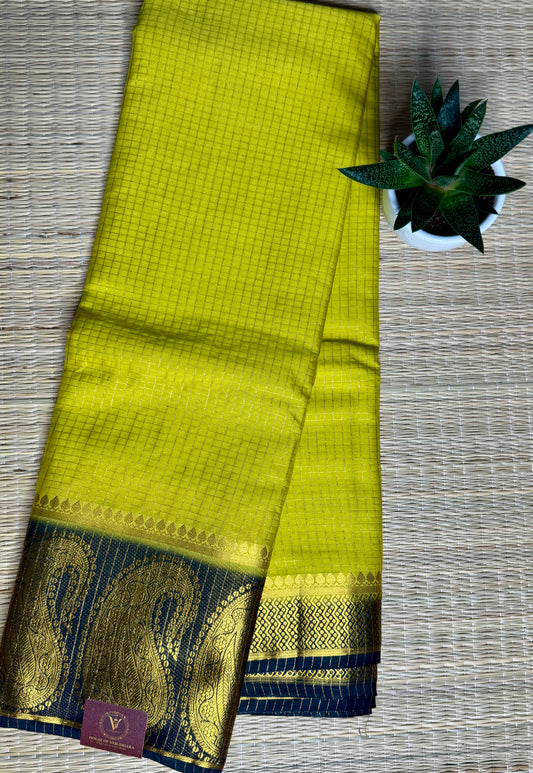 Yellow Gold Pink Checked Mysore silk crepe Saree with Contrast Border