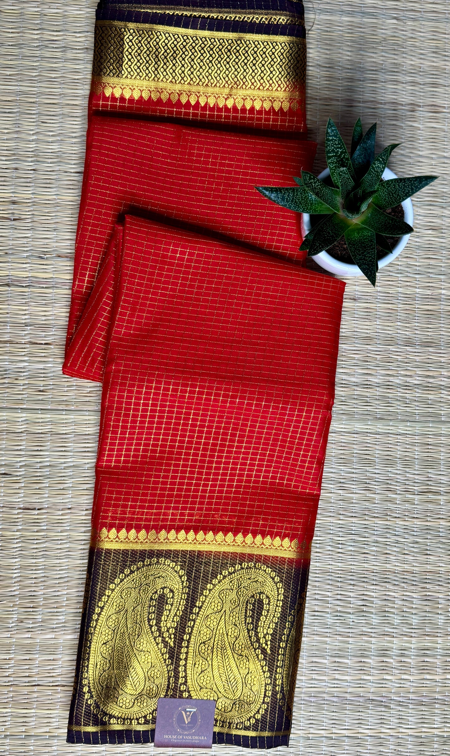 Red Checked Mysore silk crepe Saree with Contrast Border