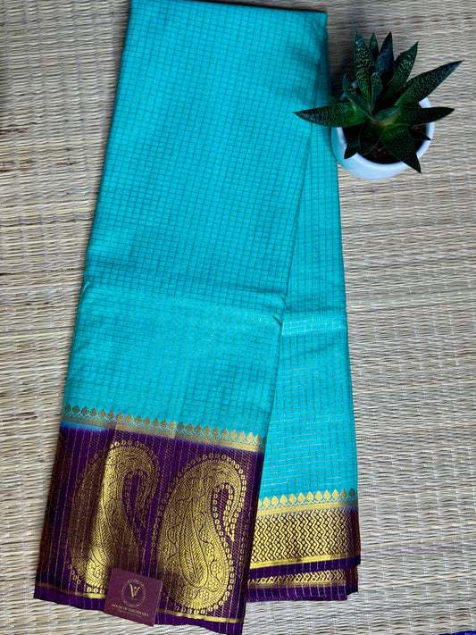 Turquoise blue Checked Mysore silk crepe Saree with Contrast Border