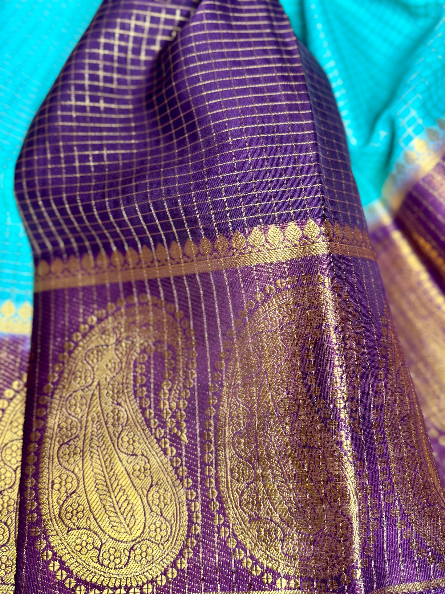 Turquoise blue Checked Mysore silk crepe Saree with Contrast Border