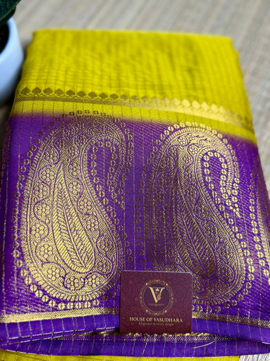 Gold Checked Mysore silk crepe Saree with Contrast Border