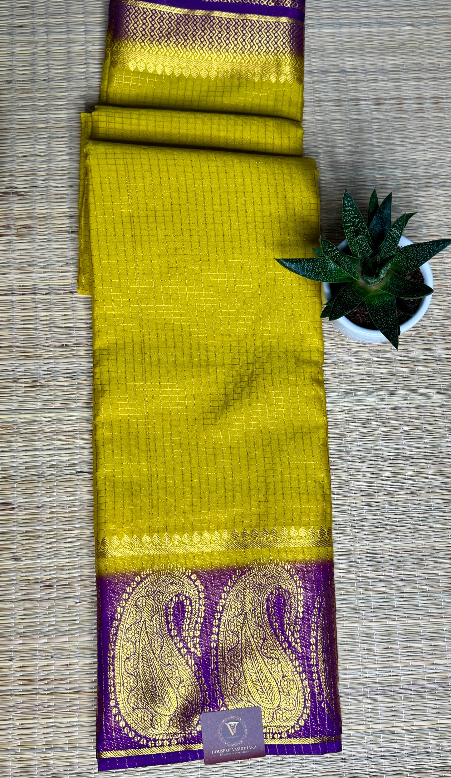Gold Checked Mysore silk crepe Saree with Contrast Border