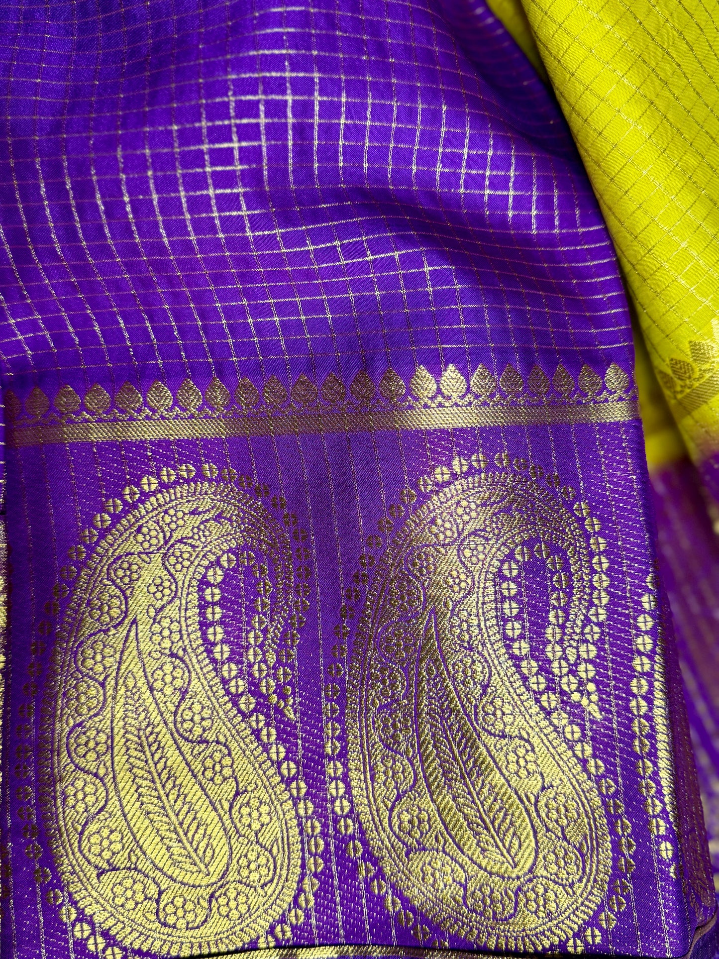 Gold Checked Mysore silk crepe Saree with Contrast Border