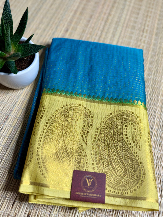 Blue Checked Mysore silk crepe Saree with Contrast Border