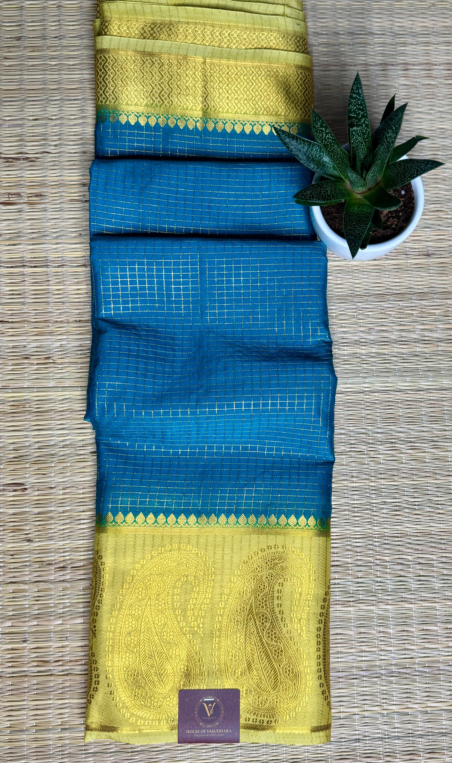 Blue Checked Mysore silk crepe Saree with Contrast Border