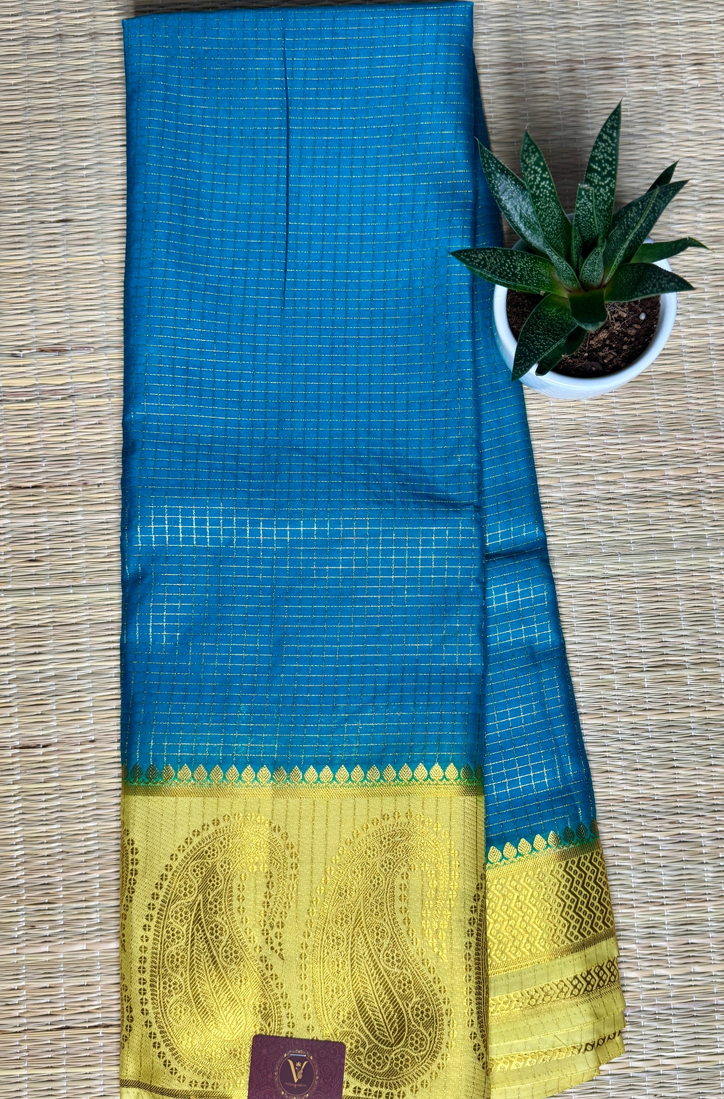 Blue Checked Mysore silk crepe Saree with Contrast Border