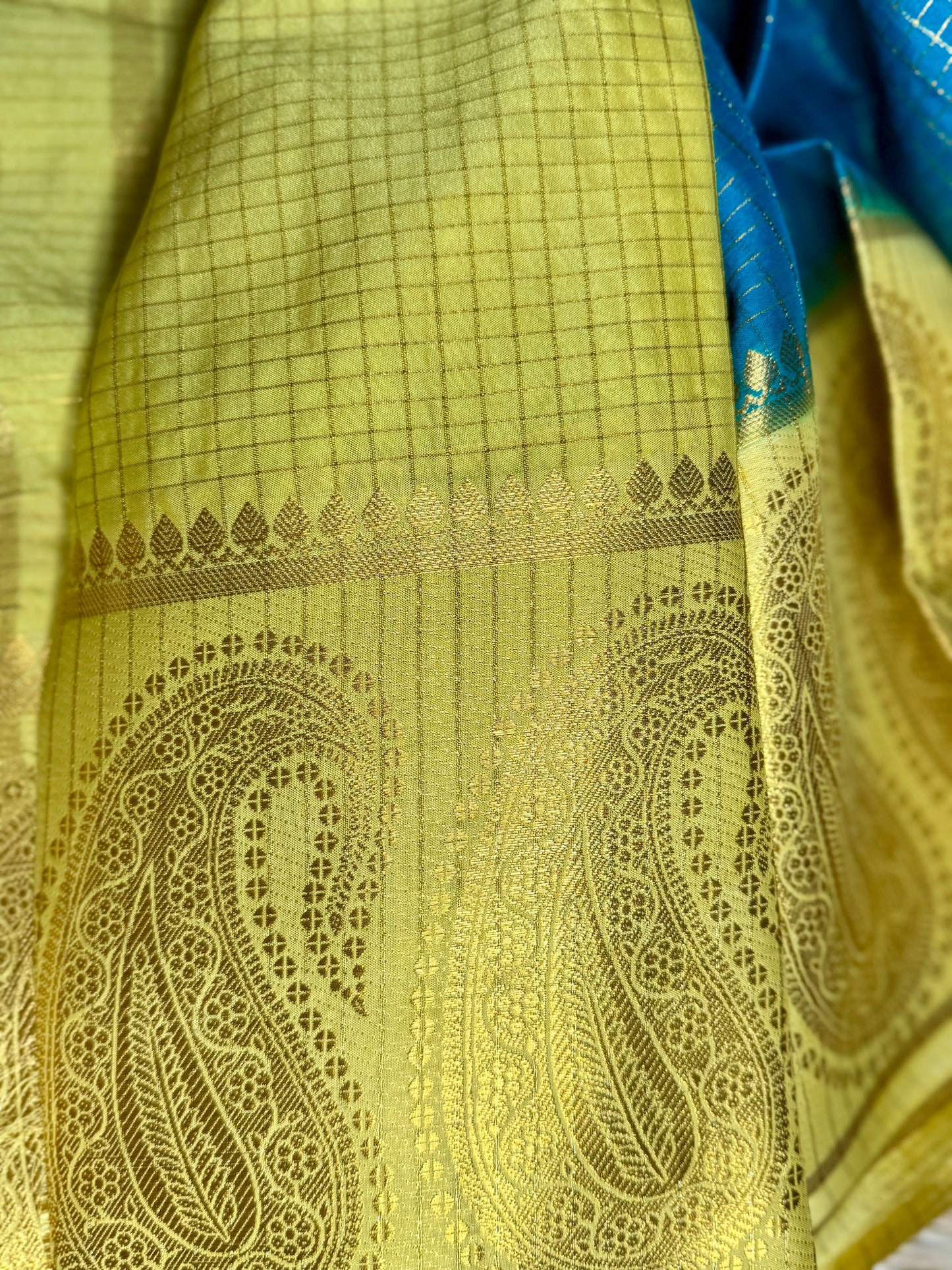 Blue Checked Mysore silk crepe Saree with Contrast Border