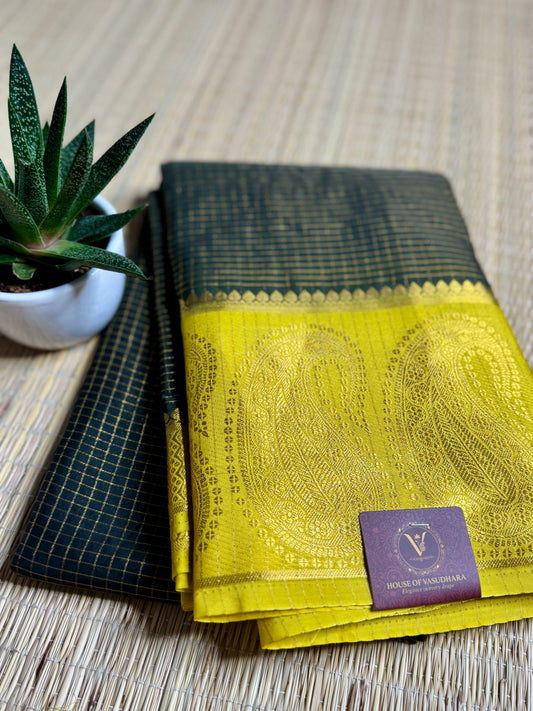 Bottle Green Checked Mysore silk crepe Saree with Contrast Border