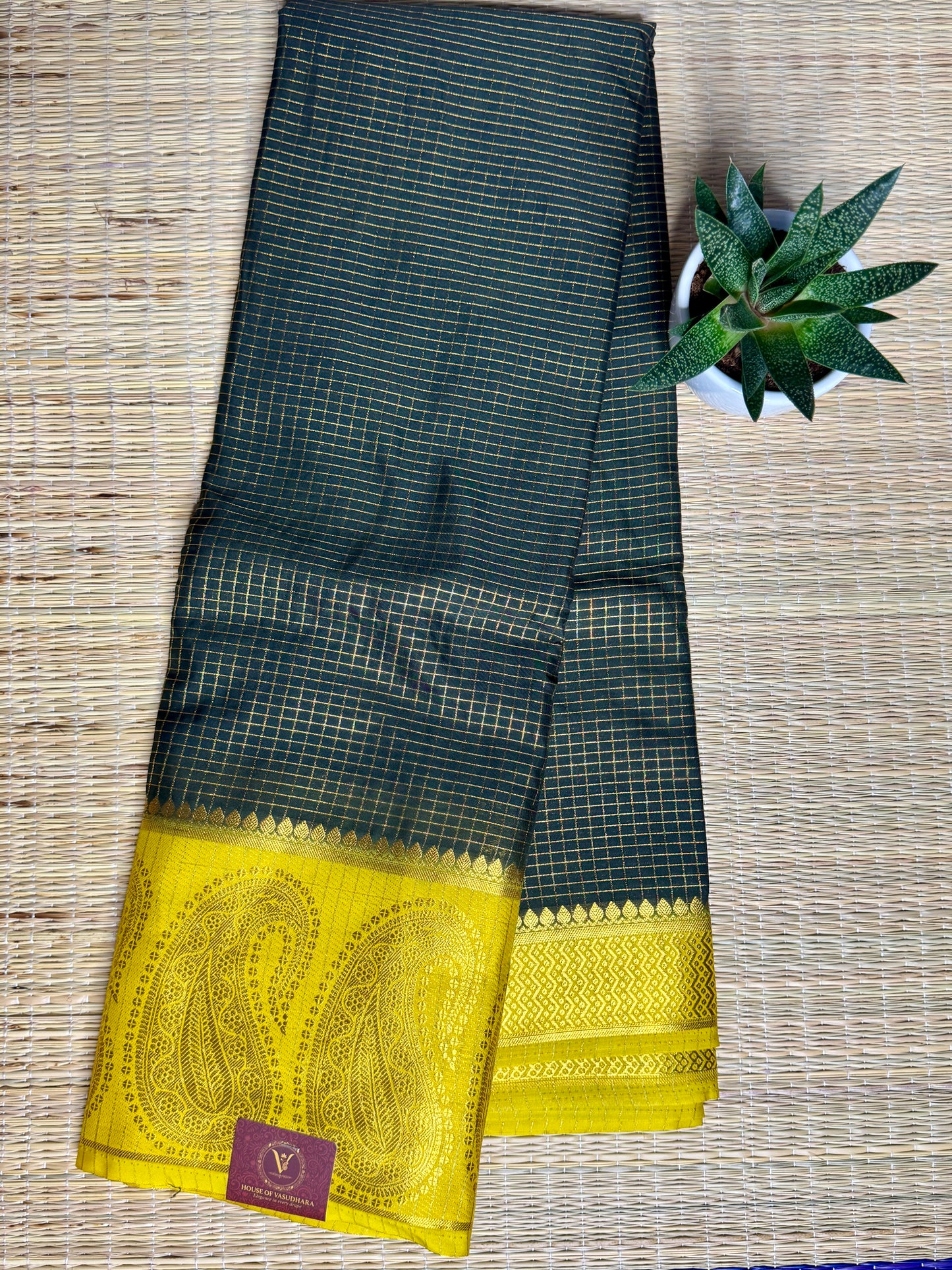 Bottle Green Checked Mysore silk crepe Saree with Contrast Border