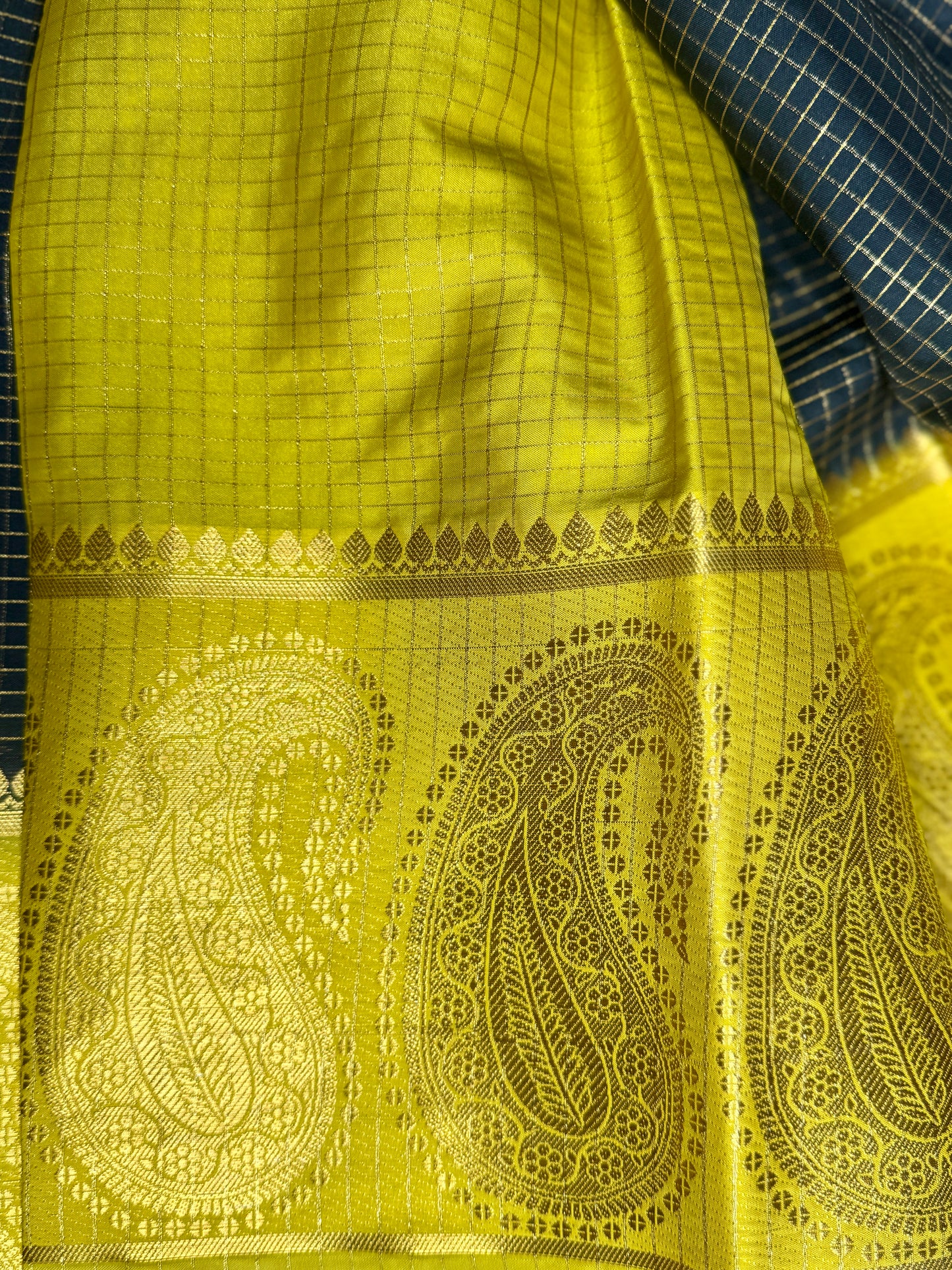 Bottle Green Checked Mysore silk crepe Saree with Contrast Border