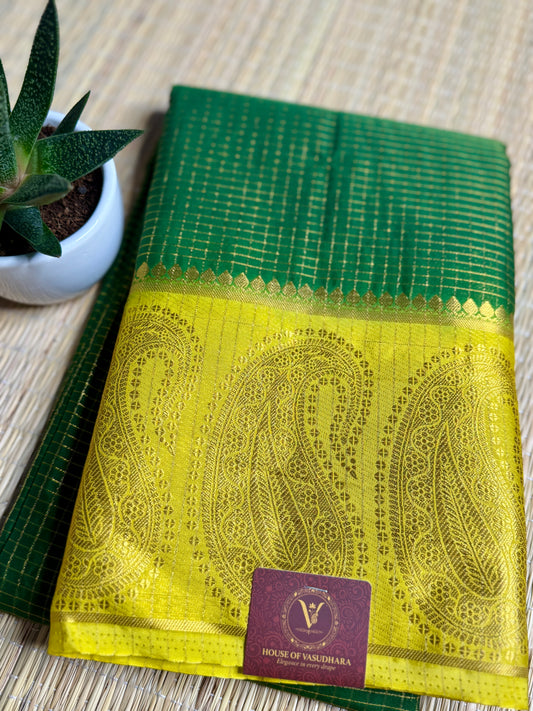 Green Checked Mysore silk crepe Saree with Contrast Border