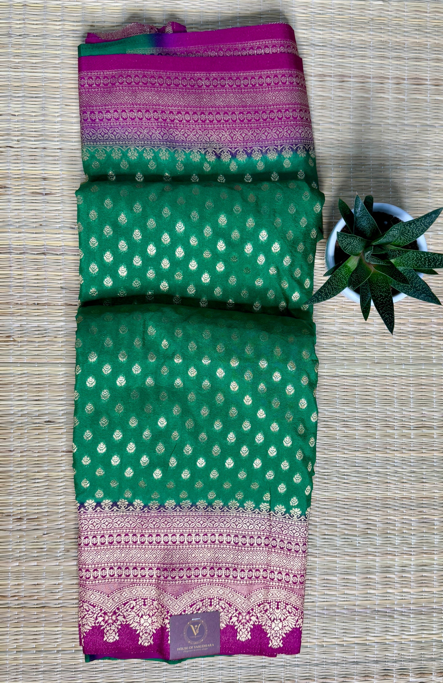 Green Khadi Banarasi Silk saree with Contrast border