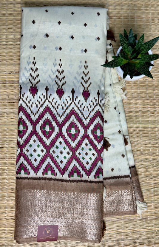 Ivory with brown Dola Ikkat Silk Saree with Zari Border