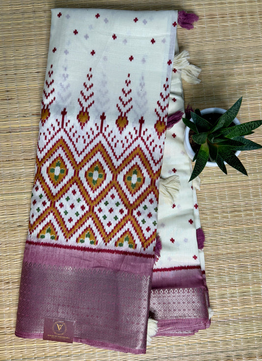 Ivory with Pink green Dola Ikkat Silk Saree