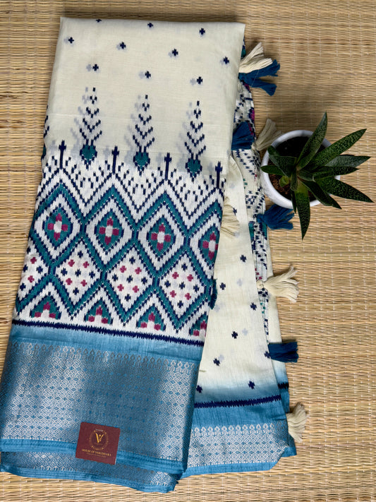 Ivory with Blue green Dola Ikkat Silk Saree