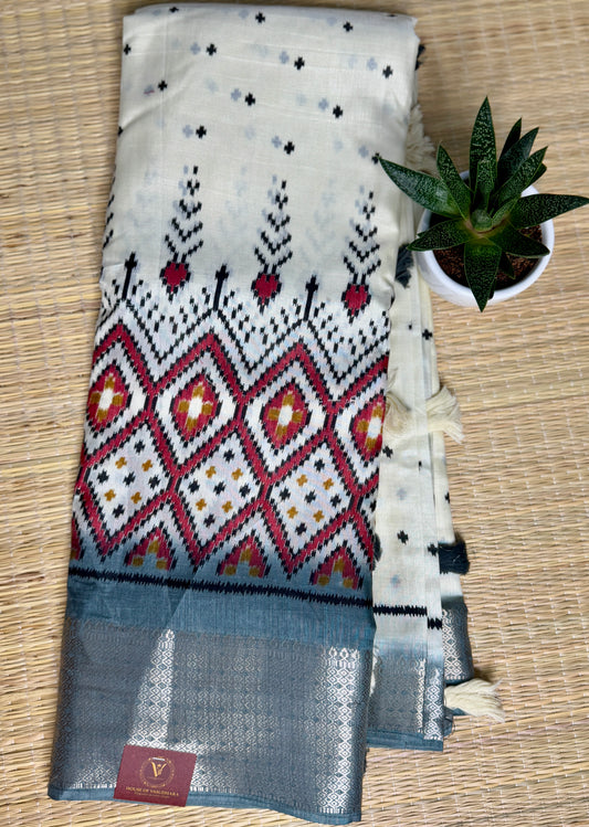 Ivory with Grey Dola Ikkat Silk Saree