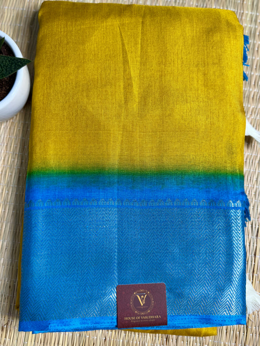 Yellow & Blue Dola Silk Saree