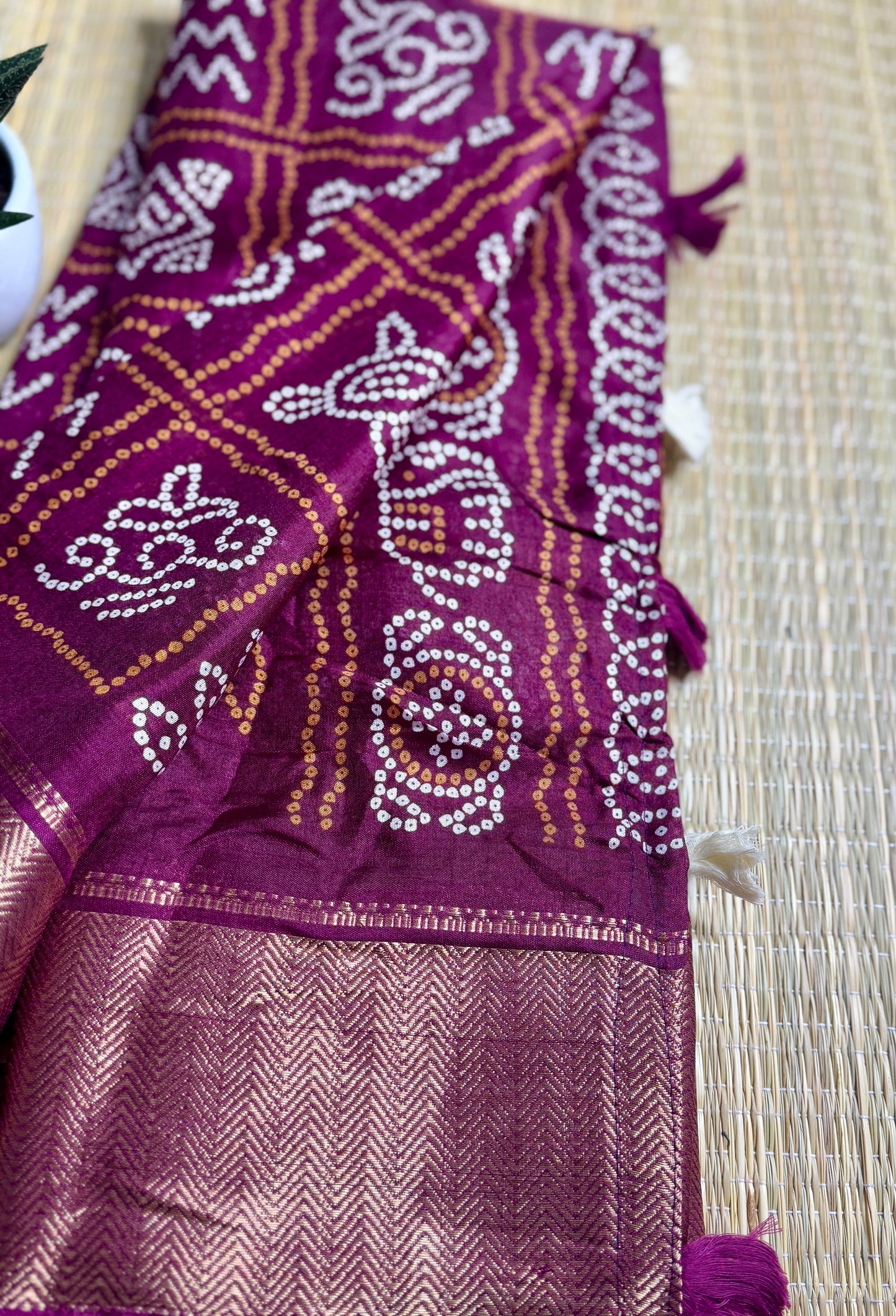 Deep Magenta Dola Bandhani Silk Saree with Zari Border