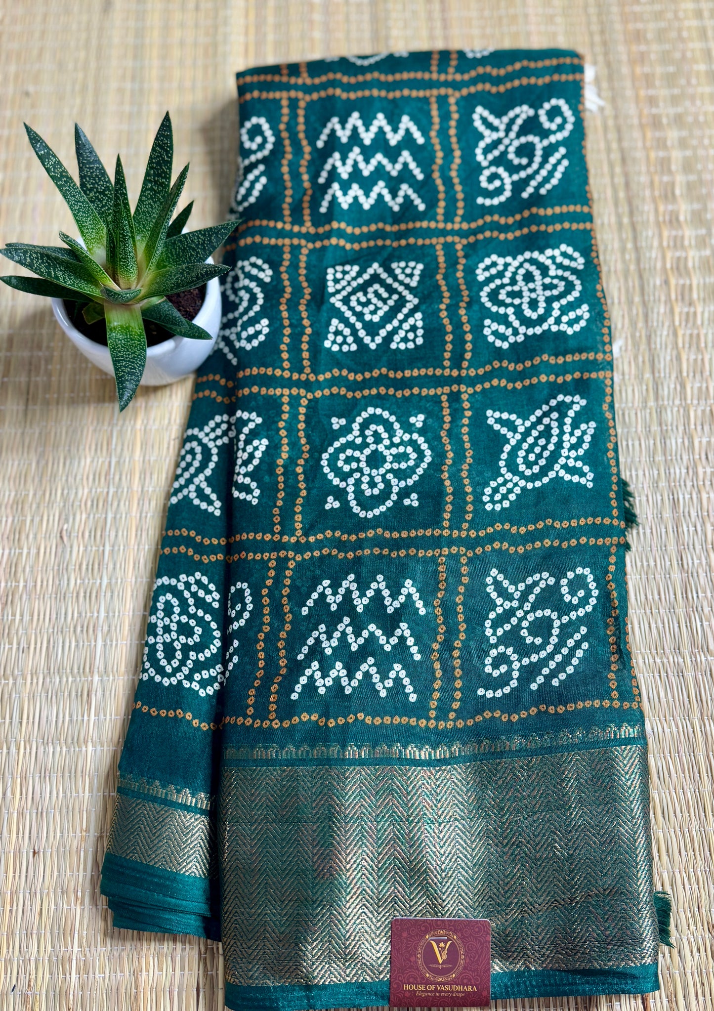 Bottle Green Dola Bandhani Silk Saree with Zari Border