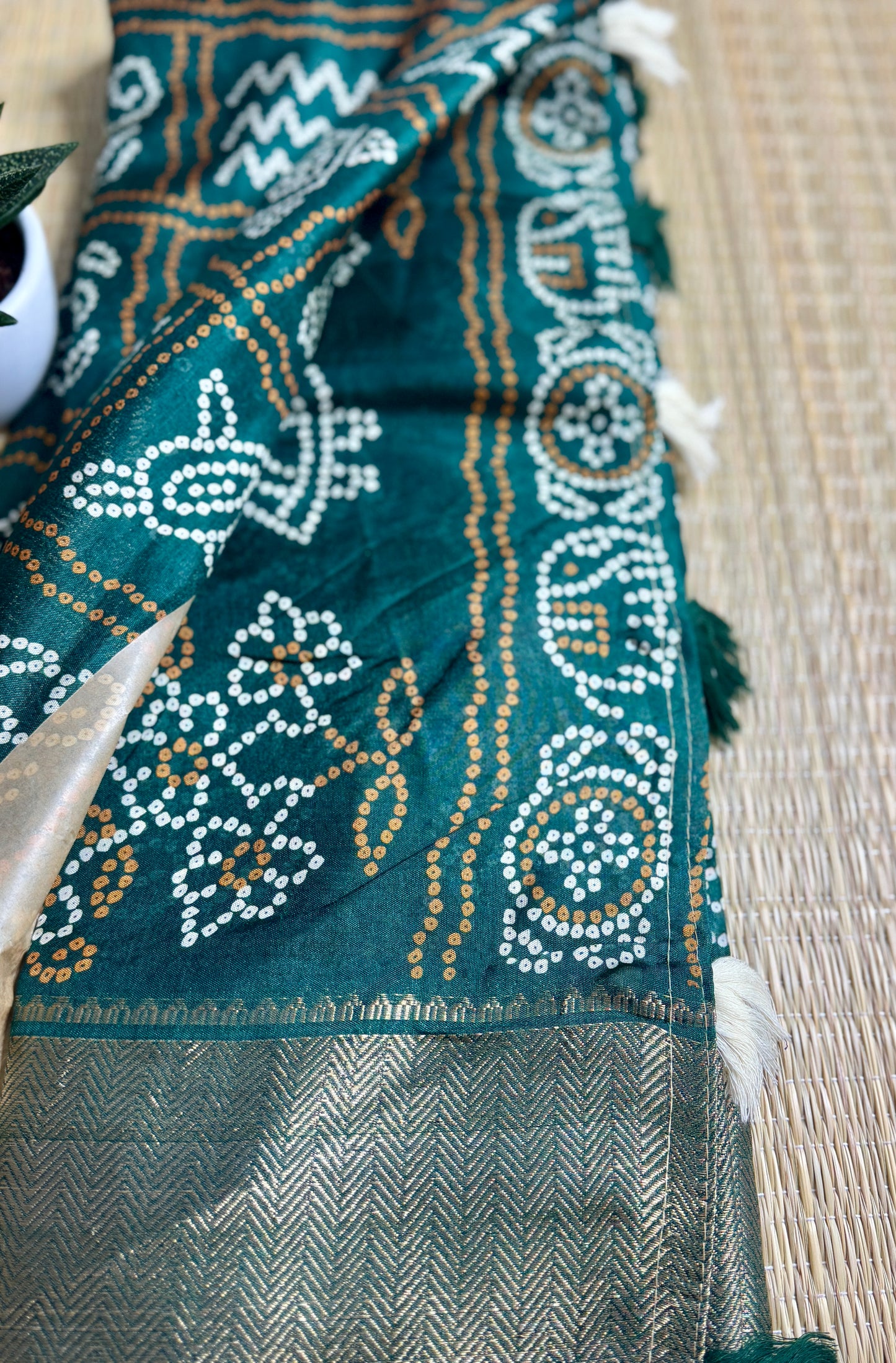 Bottle Green Dola Bandhani Silk Saree with Zari Border