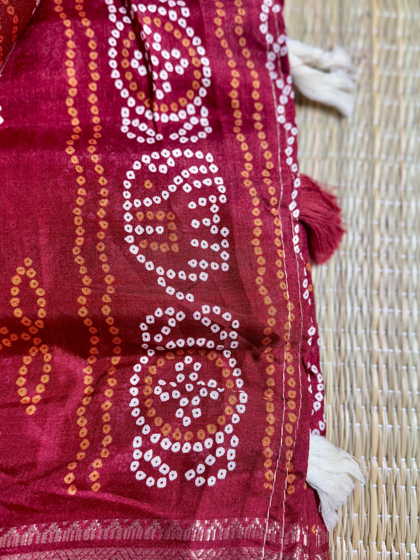 Maroon Dola Bandhani Silk Saree with Zari Border