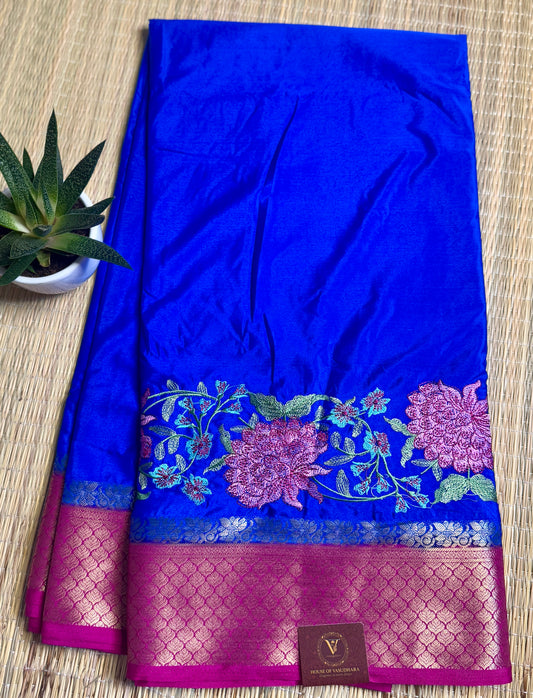 Royal Blue & Magenta Mysore Silk Crepe Saree with Intricate Thread Embroidery
