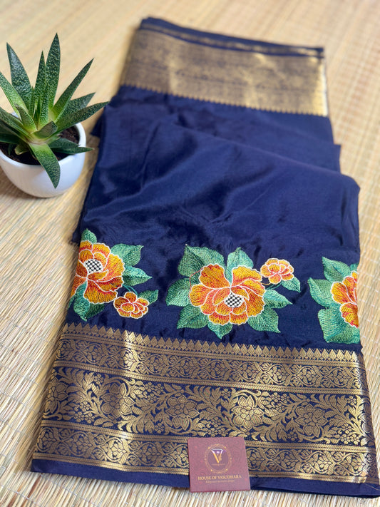 Navy Blue Mysore Silk Crepe Saree with Intricate Thread Embroidery