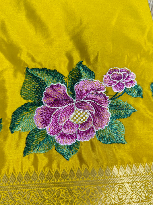 Mustard Yellow Mysore Silk Crepe Saree with Intricate Thread Embroidery