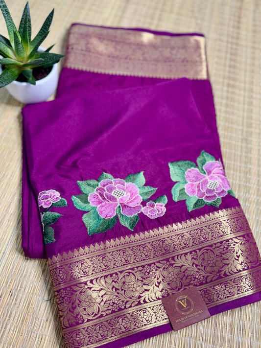 Magenta Mysore Silk Crepe Saree with Intricate Thread Embroidery