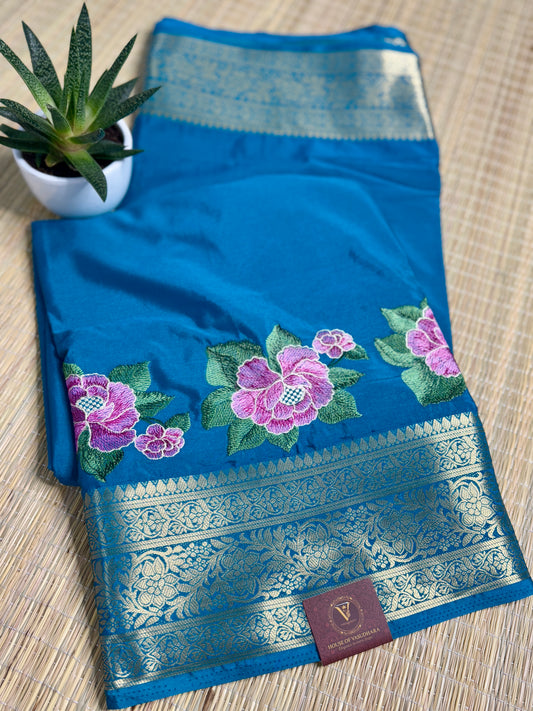 Blue Mysore Silk Crepe Saree with Intricate Thread Embroidery