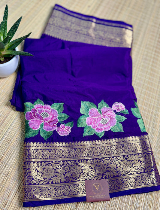 Navy Blue Self color Mysore Silk Crepe Saree with Intricate Thread Embroidery