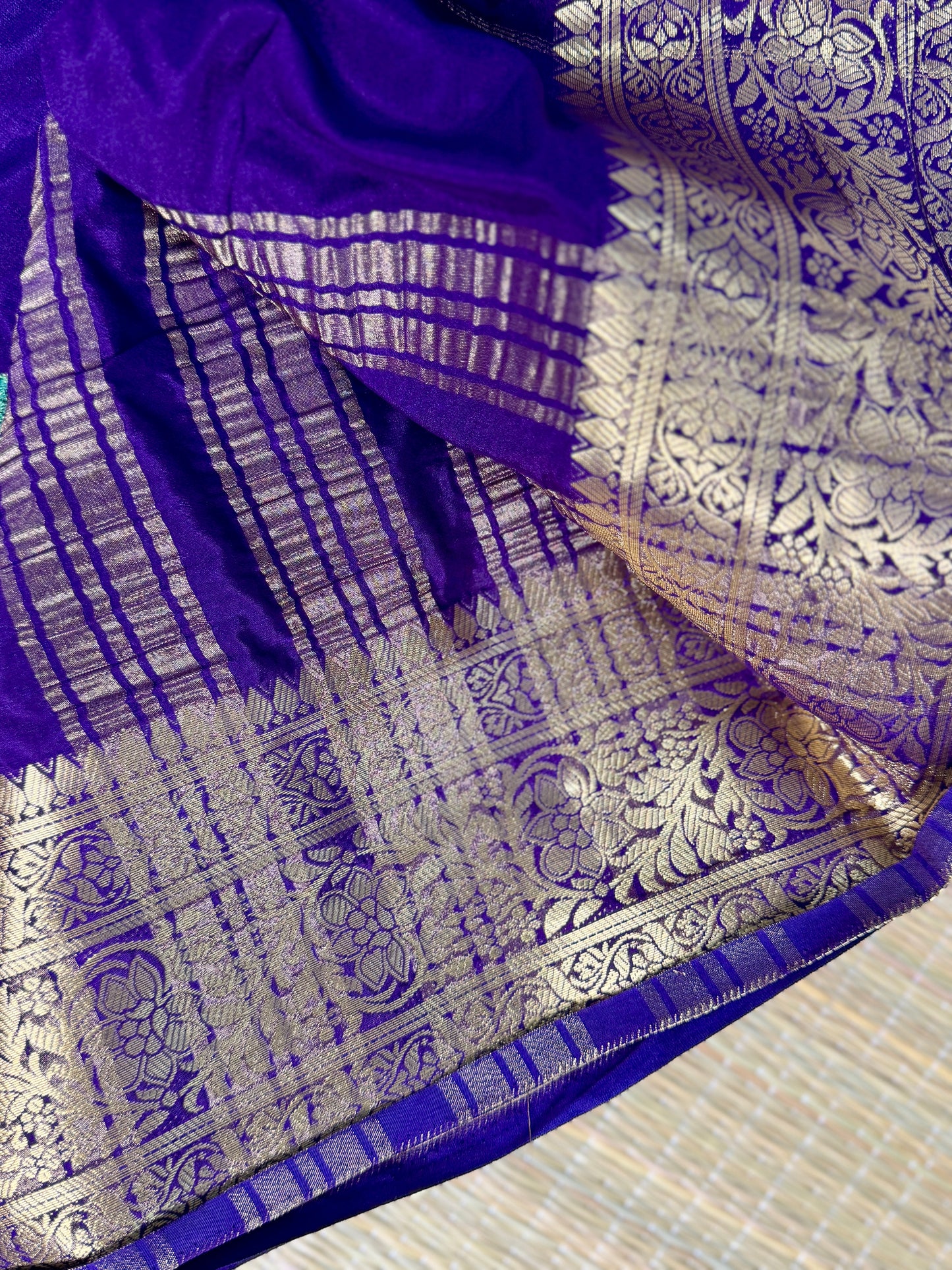 Navy Blue Self color Mysore Silk Crepe Saree with Intricate Thread Embroidery