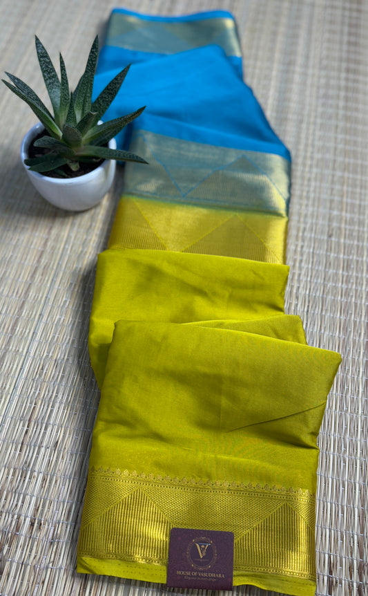 Gold & Blue Half-and-Half Mysore Silk Crepe Crepe Saree