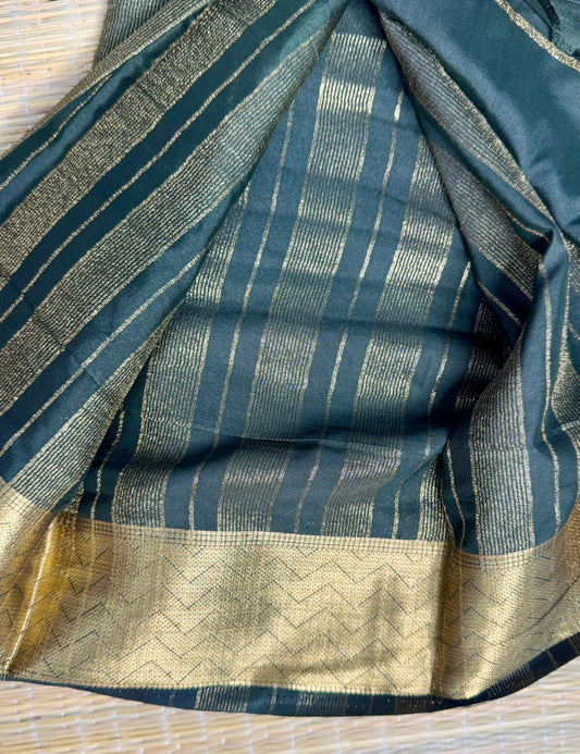 Bottle Green & Gold Half-and-Half Mysore Silk Crepe Crepe Saree