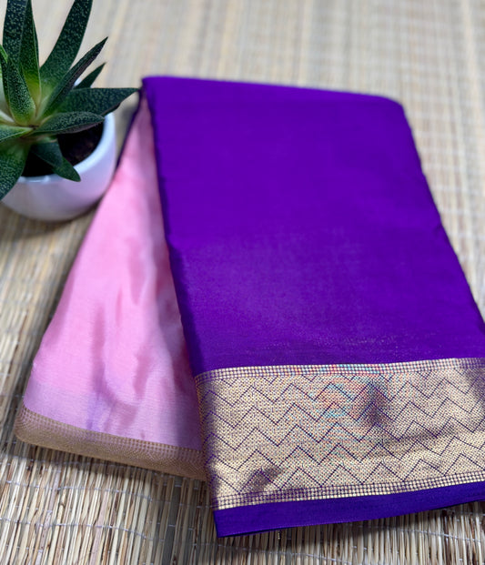 Baby Pink & Purple Half-and-Half Mysore Silk Crepe Crepe Saree