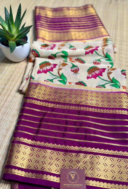 Light Beige Mysore silk Crepe Saree in Meenakari work with Bentex Border