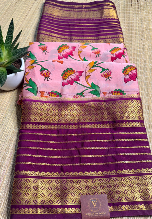 Pink Mysore silk Crepe Saree in Meenakari work with Bentex Border