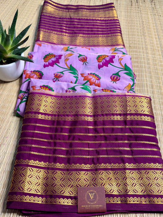 Lavender Mysore silk Crepe Saree in Meenakari work with Bentex Border