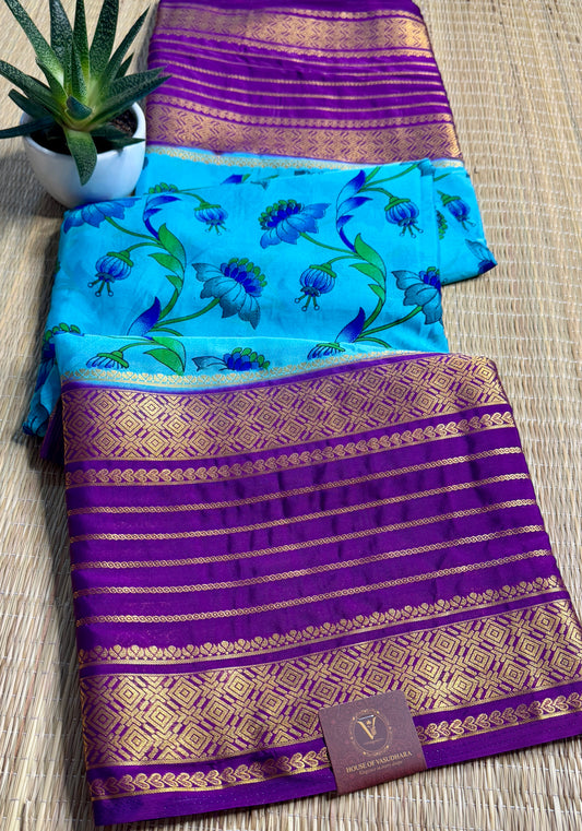 Blue Mysore silk Crepe Saree in Meenakari work with Bentex Border
