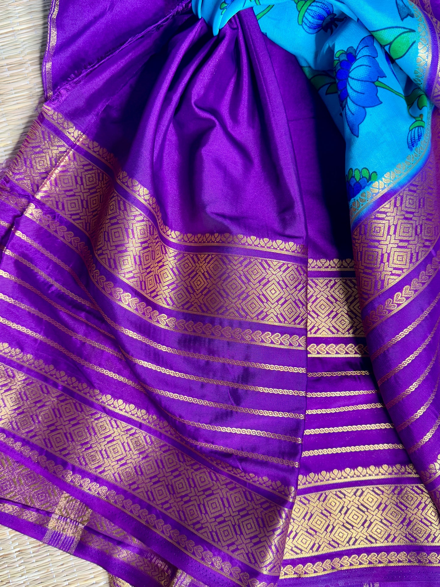 Blue Mysore silk Crepe Saree in Meenakari work with Bentex Border