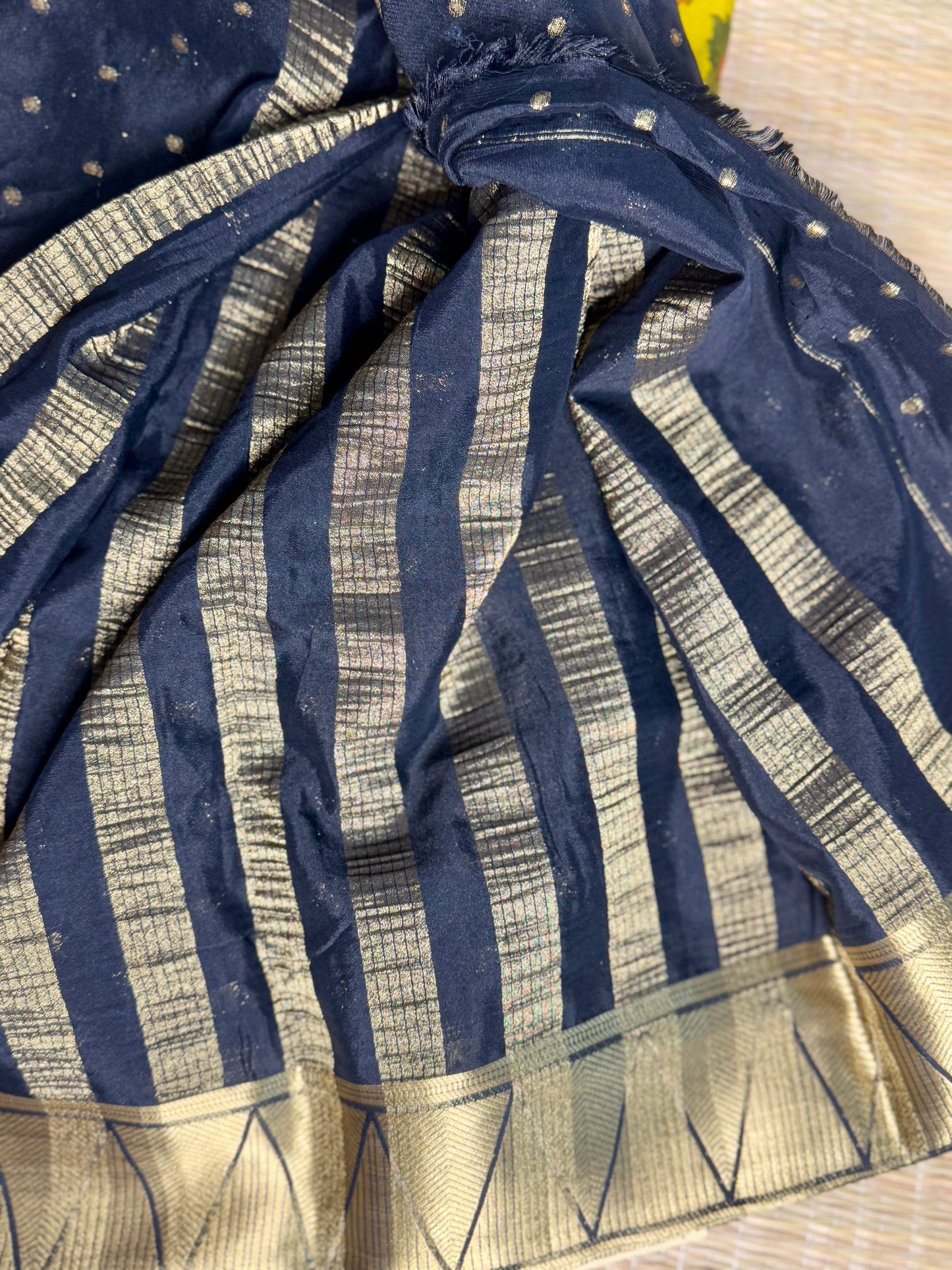 Yellow & Black Half & Half Kalamkari Mysore silk crepe