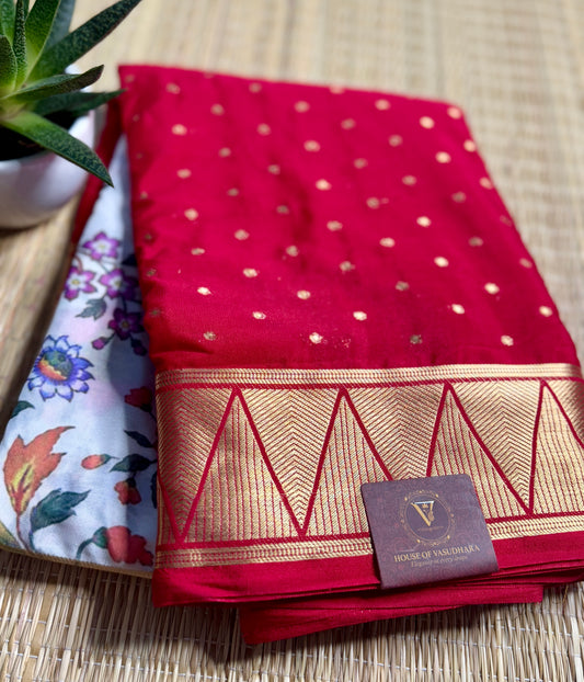 White & Red Half & Half Kalamkari Mysore silk crepe